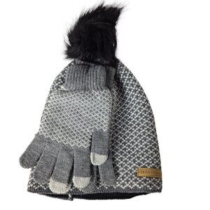 Clear Creek Winter Hat & Gloves Set Gray White Knit with Faux Fur Pom One Size